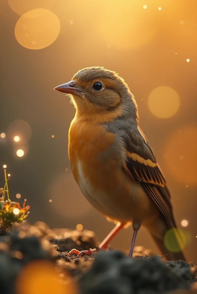 A mesmerizing close-up portrait of a gorgeous little bird illuminated by the soft, golden light of a tranquil morning, with vibrant bokeh balls gently framing its delicate form.