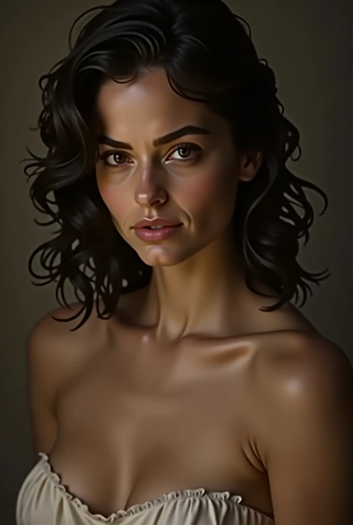 A delicate, oil painting picture portrays, a nude beautiful Natalie Portman look,  medium breasts, standing bare feet without background, her features rendered in subtle shading and precise lines. The framing is tight, focusing attention on the subject's serene face. Soft, feathery strokes convey the gentle texture of her hair,