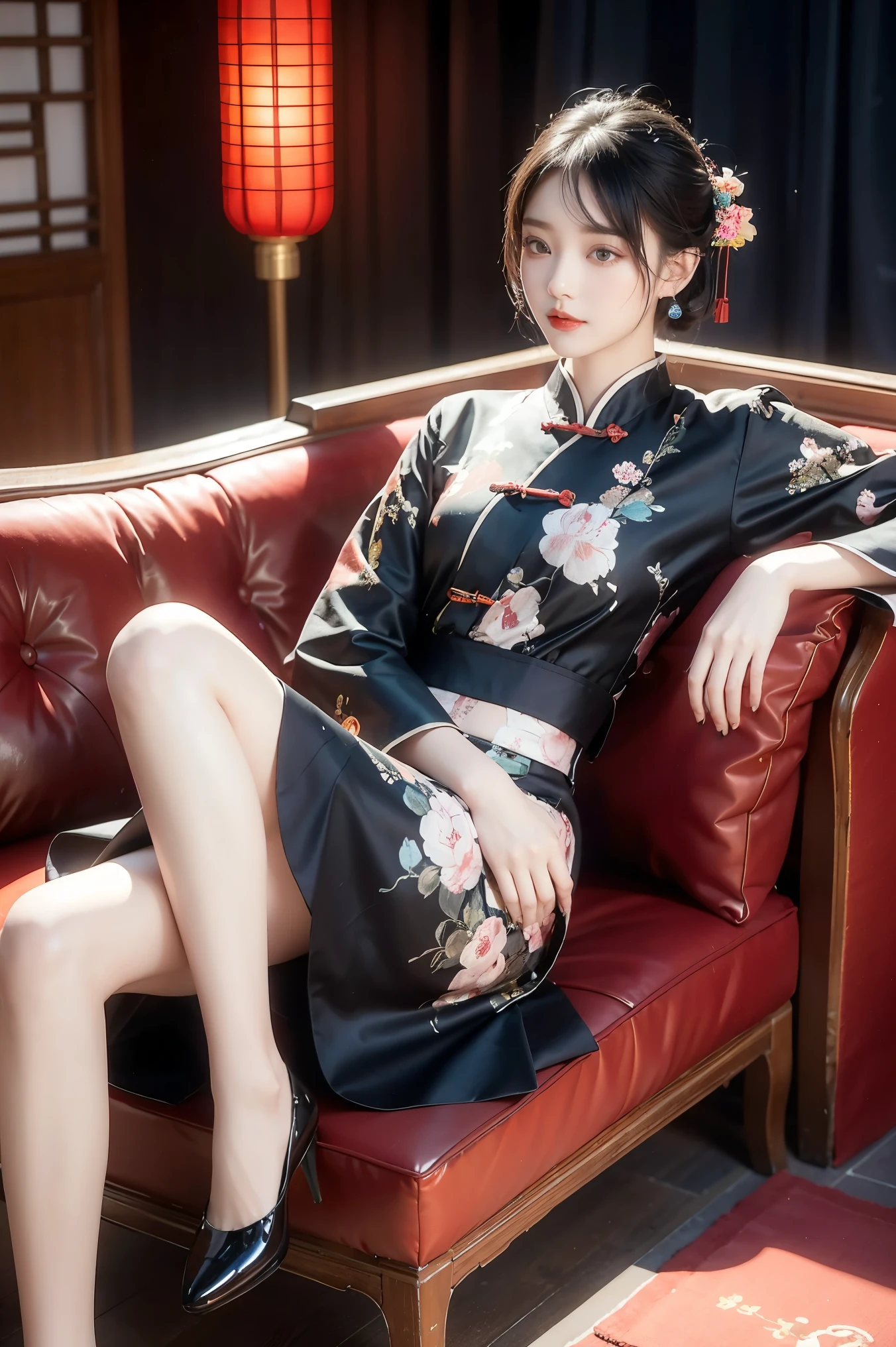 Solitary,1 Girl,skirt,Chinese Clothing,china skirt, black hair ,Sitting,Floral Print,curtain,Short hair,Practical,whole body,indoor, and look at the audience,Red lips,[sofa,chair,( slender legs),Elegant girl,