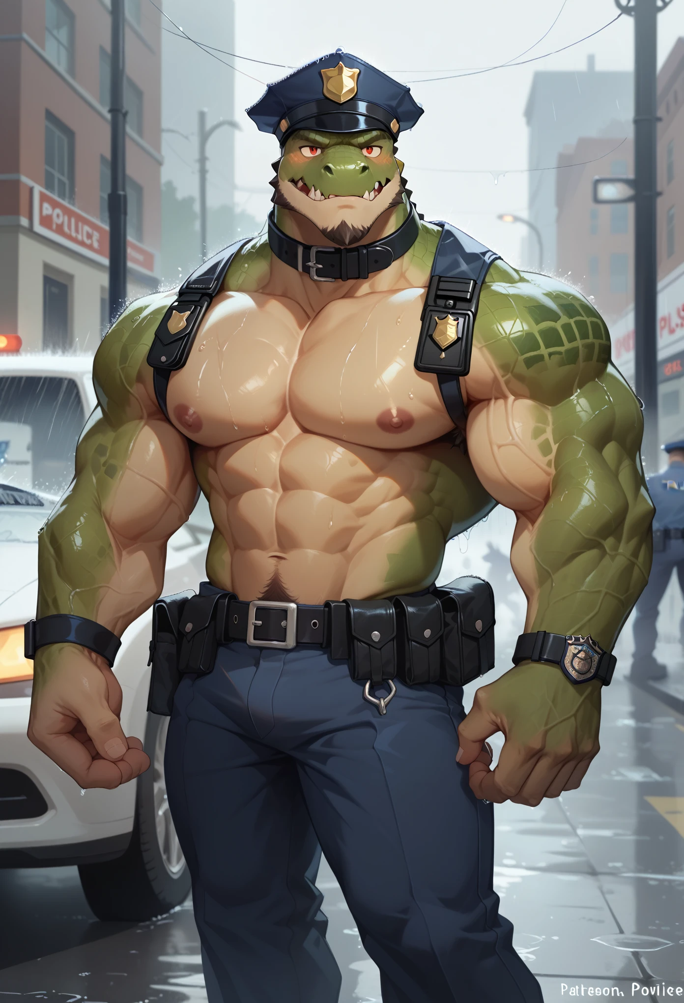 Best quality, masterpiece,ultra high res,detailed background,realistic, real shadow and light,depth of field, looking at the viewer, strong arm and veins, Close up, there is a male green crocodile, that is standing at police station , commission for high res, bare chest, unbutton shirt, anthropomorphic, muscular chest, highly detailed full body, strong and imposing, detailed full body, muscular character, extra detailed body, macho pose, body detailed, (looking form beside), wet body, sweaty, short gray hair, beard, Ranger uniform, huge crotch, light brown Ranger, show armpit, body hair, angry face, red eyes, standing in front of police station. Khaki Pants, Police equipments, bare chest, male nipples, older, elder, beard, erected, erection under his pants, embarrassed, electric collar, black groves, police station, police car, raining, rainfall, heavy rain, rain cloud.