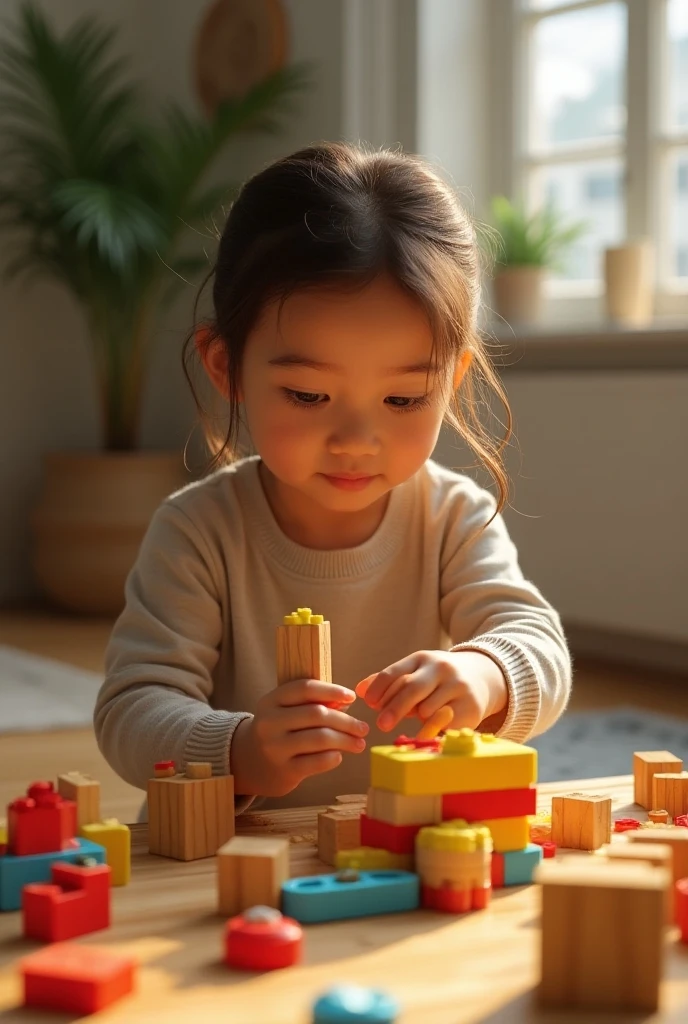 Create UHD photorealistic realistic image, no animation, no 3D image, no Pixar style. Capture a 18-month-old girl ???, playing with puzzle pieces, a look of concentration on her face. Background: Bright, sunlit playroom. Shot with a Fujifilm GFX100, 45mm lens, f/2.8, natural light.
