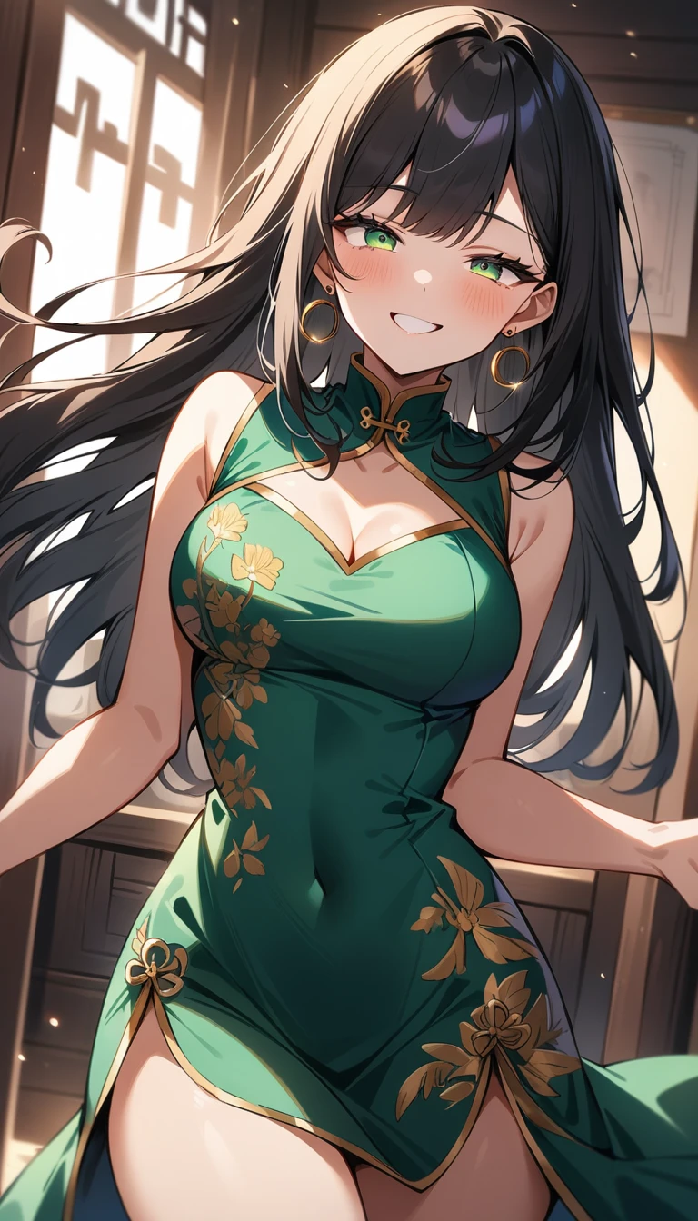 anime style,(best quality,4k,8k,highres,masterpiece:1.2),ultra-detailed, perfect eyes, perfect face, perfect lighting, photo,BREAK,
 (Beautiful black hair:1.2),Long Hair,(Straight hair:1.4),Center Parting,Gorgeous big eyes,(boyish:1.4),(cadmium green eye:1.2),(slanted eyes:1.2),(tall),(scrawny),((A confident smile)),Medium Bust,BREAK,(golden circle earrings:0.9),BREAK,
china dress, long dress,tight mini skirt, gold decoration dress, sleeveless, ultra detailed dress,cleavage, cleavage cutout, clothing cutout,((dancing)),