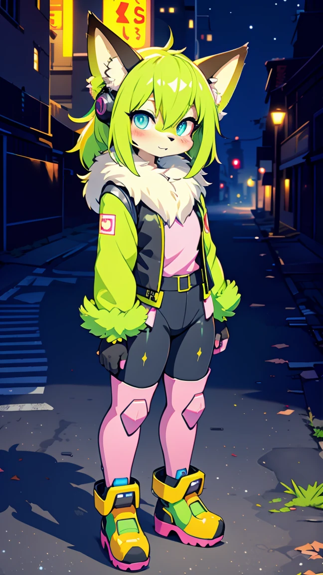 kawaii,  fluffy pink striped fox , green hair, blue eyes,  heterochromia, Alone, body hair,  (at night,  deserted city with ruins  ),  synthetic fabric skin ,  cybernetic prosthesis ,   cybernetic prosthetic servo legs ,  digital headset with HUD , Mechanical Suit,  mech body parts ,  prosthetic arms Cybernetics , Blush, is shy, Slimmed down,   large purple long blouse with ribbons  ,  thick brown pantyhose  ,   neon tennis leggings with black  ,   loose long sleeve pink jacket , Mechanical boots, just a fluffy tail, loose sleeves,  digital screen gloves ,  chest vests , tactical belts , blue archival halo glove ,  