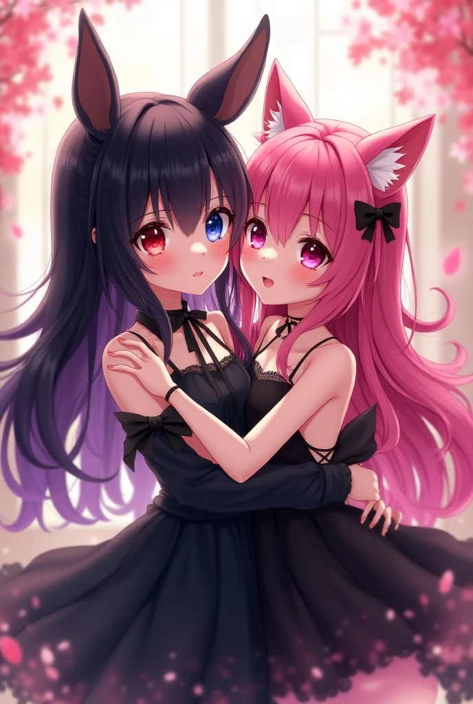 Two cat-eared loli in dresses look at each other and kiss, one with black hair and red pupils, the other with pink brown pupils, with a delicate face and a shy expression, and the background is the room