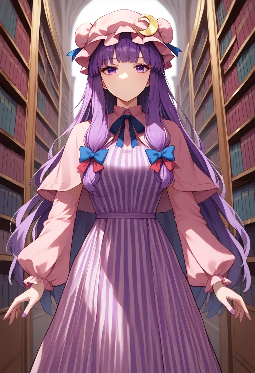 (master piece), (best quality), (8k), (ultra high resolution), (highest quality), (anime style), (best writing), (beautiful face), (masterpiece), (highest quality), (detailed beautiful face and eyes), (textile shading), (cowboy shot), (library), 1girl, solo, patchouli knowledge, 1girl, solo, purple hair, purple eyes, long hair, mob cap, crescent hat ornament, mob cap, vertical-striped_dress, ribbons, frills, long_sleeves, red_ribbon, blue_bow, double_bun, red_bow, hat_ribbon, capelet, blue_ribbon, pink_headwear, hair_bow, long_dress, crescent_pin, bun_cover, purple_dress, pink_dress, beautiful breasts, expressionless, walking,,