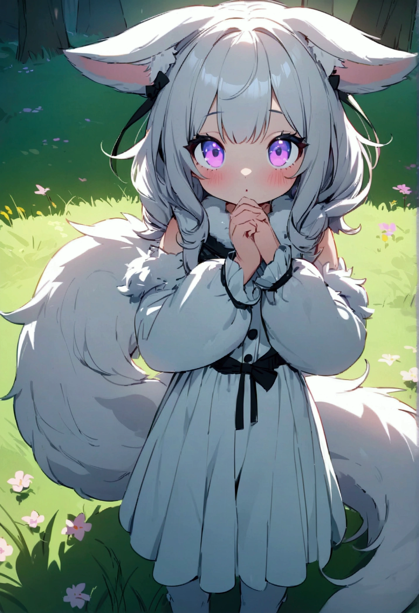 masterpiece, best quality, absurdres, tenma, 1girl, solo, fox ears, animal ear fluff, flat chest, petite, 
white hair, purple eyes, medium hair, hairclip,
wedding dress,
lying, garden, morning, dewy, magical, lush greenery, hidden pathways, tranquil,