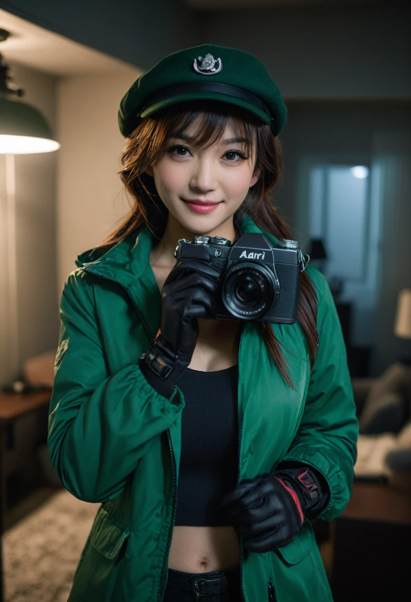 Akari_outfit1,green jacket,camera,hat,looking at viewer,night,dark,gloves,evil smile,modern room,
standing,pose,close-up.,face focus,breast focus,patr,, cinematic light,masterpiece,best quality,very aesthetic,absurdres,incredibly absurdres,