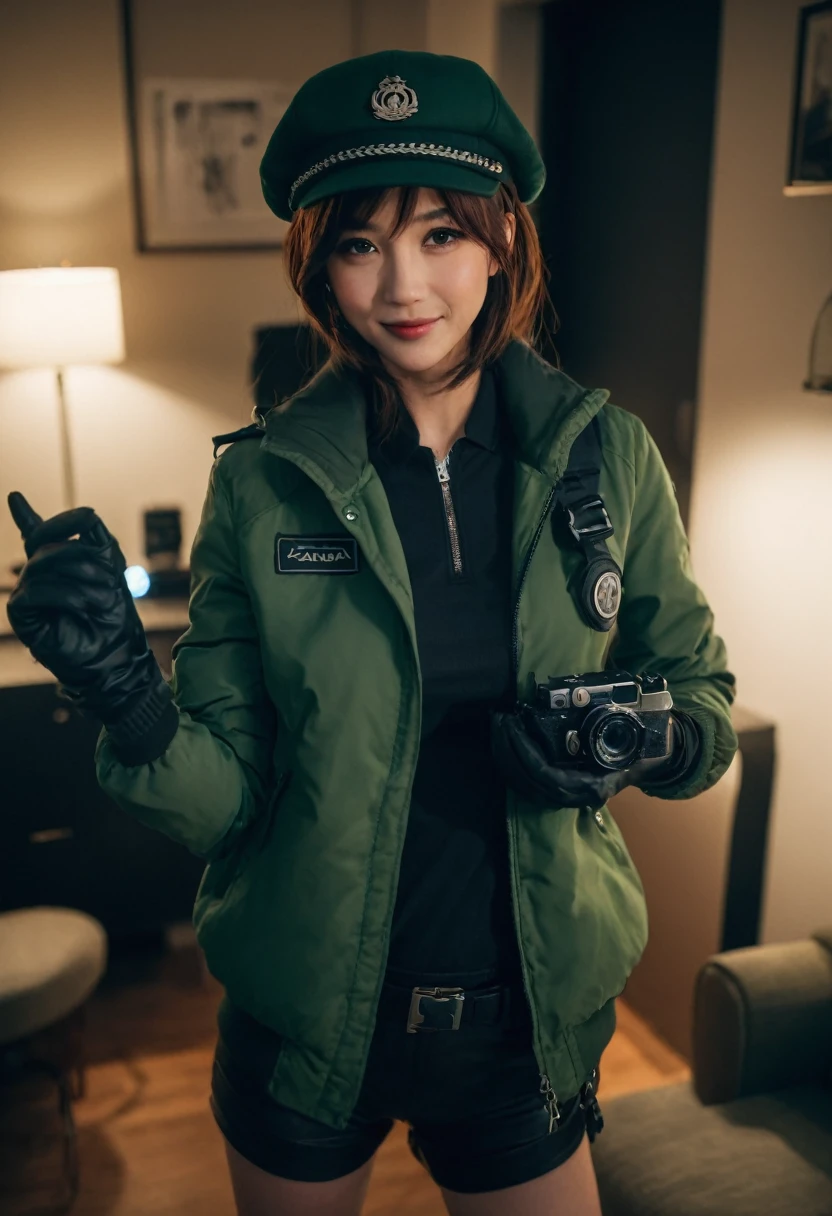 Akari_outfit1,green jacket,camera,hat,looking at viewer,night,dark,gloves,evil smile,modern room,
standing,pose,close-up.,face focus,breast focus,patr,, cinematic light,masterpiece,best quality,very aesthetic,absurdres,incredibly absurdres,