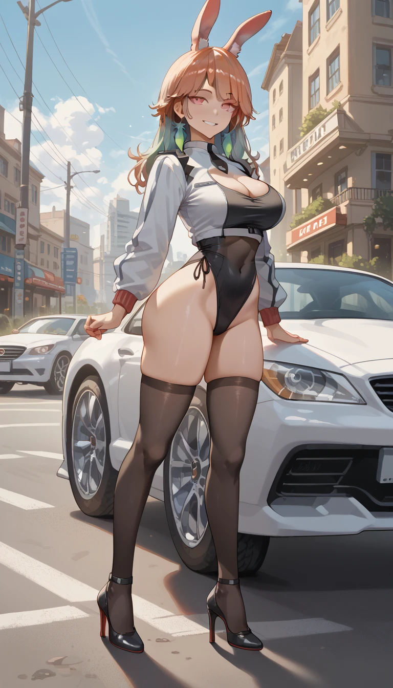 1girl, TakanashiKiara, Ho****ve, (best quality), ((masterpiece)), (highres), 16K, perfect face, colored inner hair, gradient hair, long hair, feather earrings, pink eyes, wearing rabbit ears, wearing black leotard, black thighhighs, high heels, busty body, large breasts and a beautiful ass, showcasing cleavage, legs, hips, looking at viewer, smile, detailed full body, thigh details, sports car background