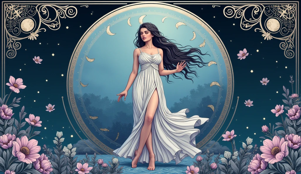 Sell stylish feminine line art wallpapers「MOONKISSED SIREN」The minimalist and elegant logo of the shop. The logo of MOONKISSED SIREN is、Draw a delicate crescent moon with a soft glow。, Simplified, Abstract silhouette of a mermaid with flowing hair. Use for clean, Thin lines express sophistication and femininity. Embrace the modern, Sans serif font for store name, Below or next to the image, Uppercase text. The color palette includes、It should include soft golds and pale silvers to represent the moon.。, Siren and text in dark navy or charcoal grey. The overall design should be airy., elegant, Beautiful to look at."
