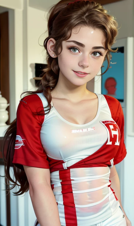 Photo of a 14 year-old american girl, .RAW, beautiful teenage girl, (long brown hair with ponytail), light brown hair ponytail hairstyle((portrait)), ((detailed face:1.2)), (( Detailed facial features )), ( finely detailed skin)  , (Masutepiece) (perfect proportions realistic photos)( The best quality ) (DETAILED)  taken with a Canon EOS R5, 50mm lens, f/2.8, nffsw, (8K) (wallpaper) (cinematic lighting) (dramatic lighting) (sharp focus) (Tangled) medium breasts ,  medium breasts , lots of freckles on cheeks and nose , freckles on chest, full body , beautiful body of a teenage girl,  nice makeup , big smile  , slim statuesque woman , baseball clothing , baseball uniform , foto de full body ,  ready to bat , Base bat Ball  