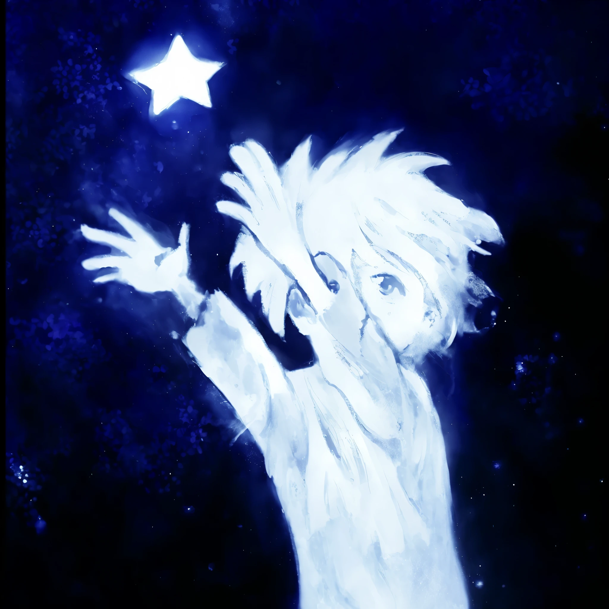 blue hair

Eyes are hidden
Trying to grab a star
There is a beautiful sky behind
There is a sense of transparency
It looks like it's going to disappear
Use light colors
high resolution, 