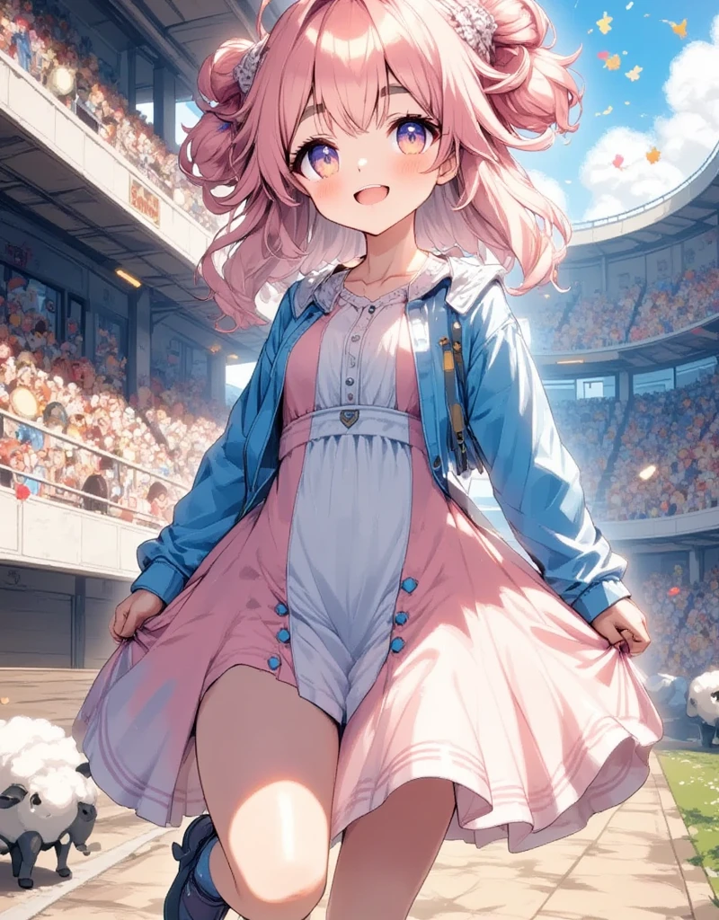 UHD, super detail, high details, highres, Sheepちゃん, Athletic Stadium, running:1.3, Hachimaki, gym uniform:1.3, bloomers, (Fluffy hair\Sheep\ ponytail), Belly button,  serious look, sweat, clothes lift:0.85, sunny