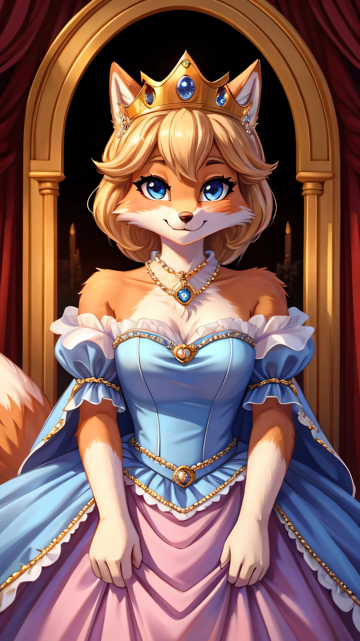 furry fox woman like princess wearing crown, , cute, 8k,fuzzy fur, cute outfit, cute face, wearing dress like Cinderella, highly details, high quality,
