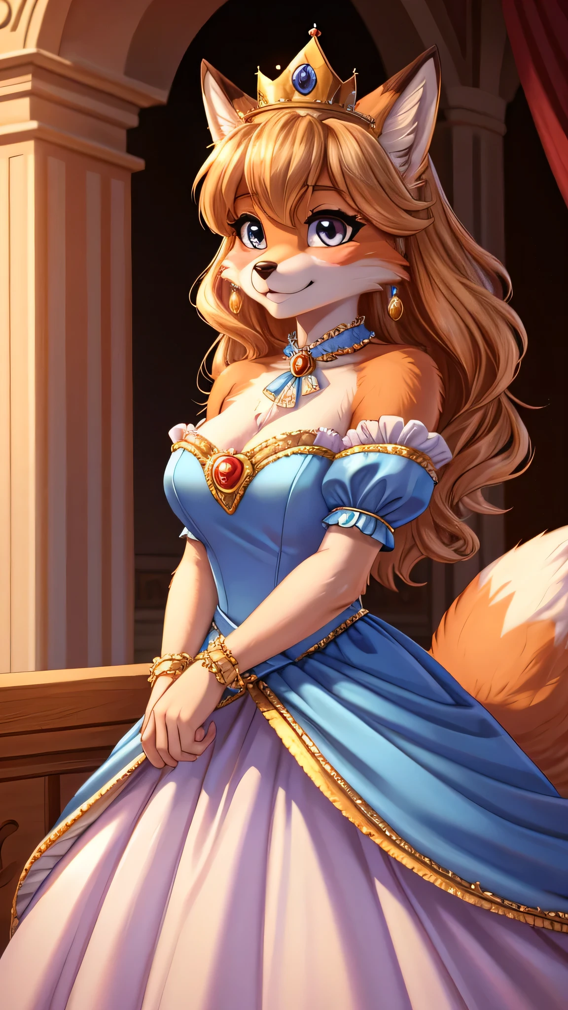 furry fox woman like princess wearing crown, , cute, 8k,fuzzy fur, cute outfit, cute face, wearing dress like Cinderella, highly details, high quality,
