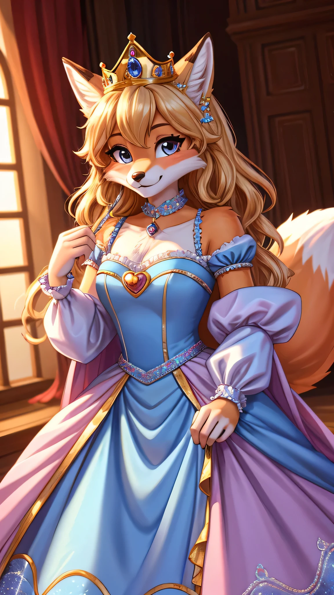 furry fox woman like princess wearing crown, , cute, 8k,fuzzy fur, cute outfit, cute face, wearing dress like Cinderella, highly details, high quality,
