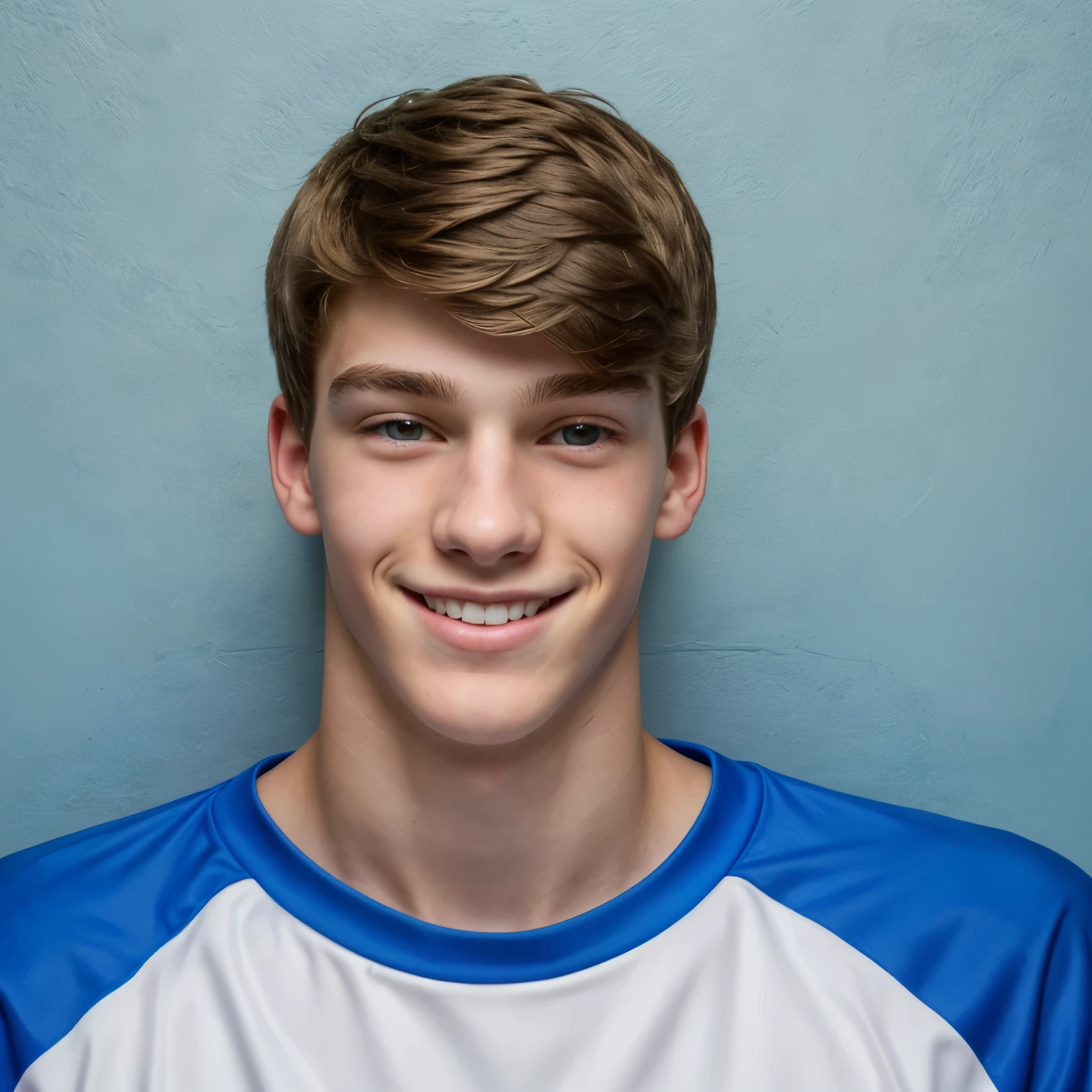 a close up of a boy head with a blue shirt, young boy, male ager, teenle, head and shoulders view, hyperrealistic teen, boin face, teenage boy,listically proportioned head, realistic face and body hybrid, full body and head, large head, head and bust only
