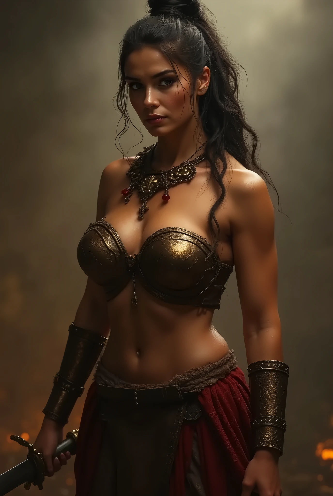 A masterpiece ultrarealistic ultra detailed body portrait of a very beautiful barbarian woman, Bronze Age, feminine, massurrealism. medium shot, intricate, elegant, standing, revealing, by stanley artgerm lau, wlop, rossdraws, james jean, andrei riabovitchev, marc simonetti, oiled porcelain skin, real black ambience 🖤