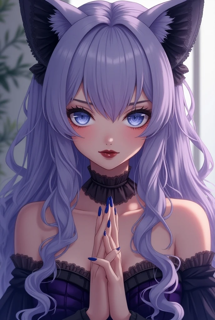 An anime male with a delicate face, with feminine features and long, silky purple hair with black highlights. She has a slender and graceful body., and those of a cat. Your style is elegant and brand new, Combining the feminine elegance and charm of a cat with a bright and prominent PIRCING on the lower lip, as a rebellious and provocative touch. His gray eyes 
