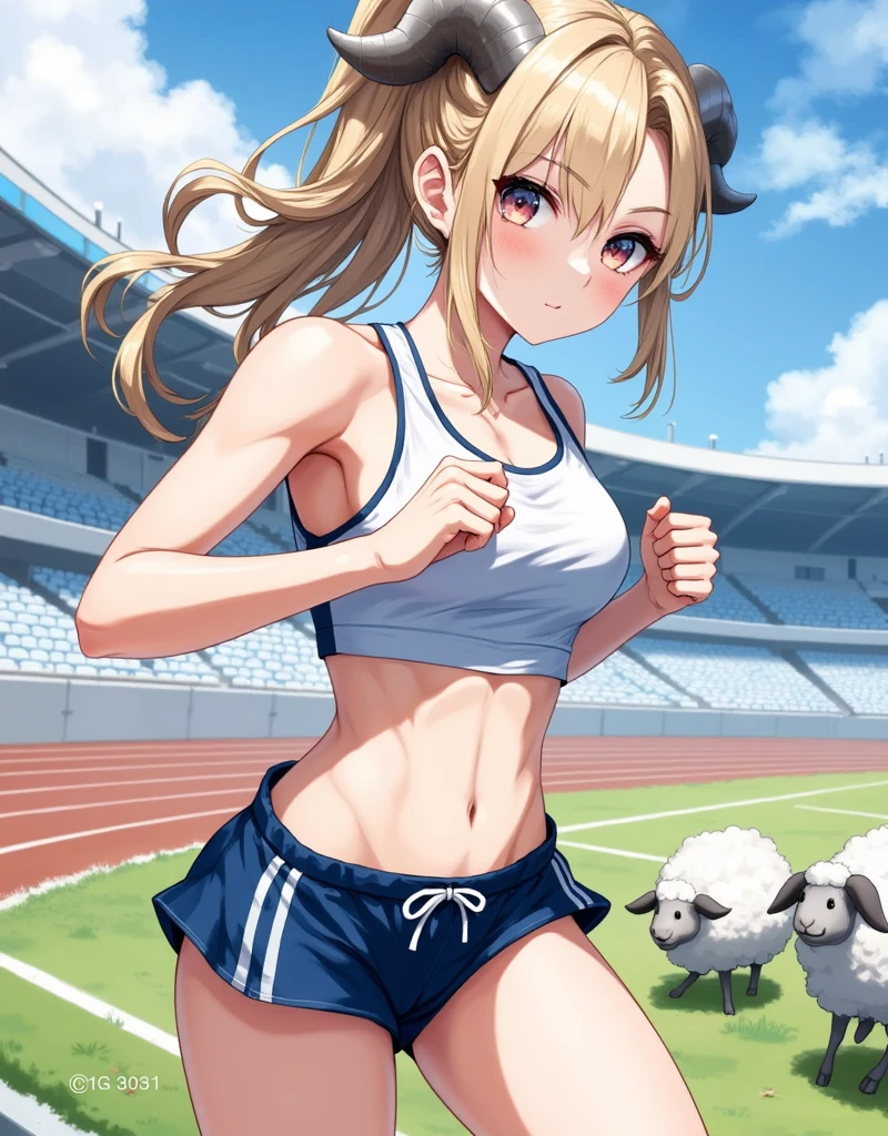 UHD, super detail, high details, highres, Sheepちゃん, Athletic Stadium, running:1.3, Hachimaki, gym uniform:1.3, bloomers, (Fluffy hair\Sheep\ ponytail), Belly button,  serious look, sweat, clothes lift:0.85, sunny