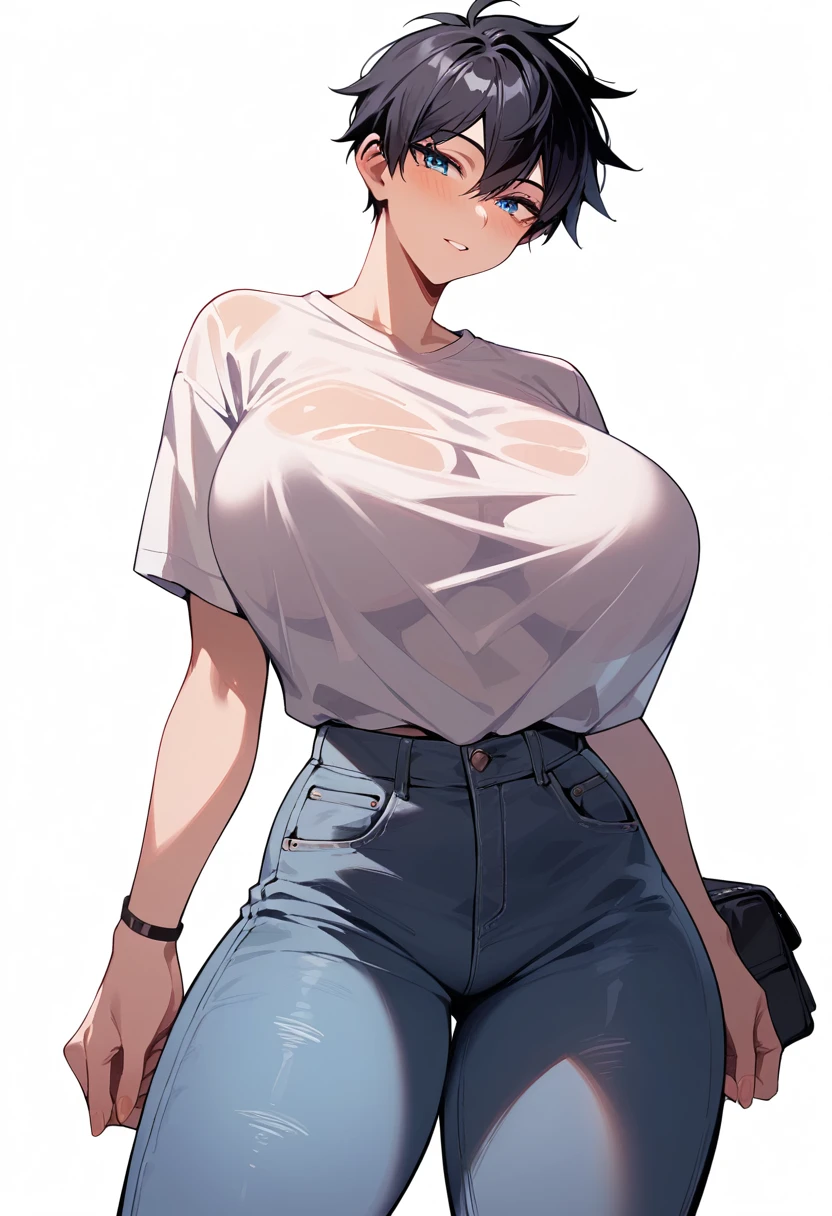 best quality, glossy, 4k, ((artwork)), extremely detailed, 8k, beautiful, beautiful teen tomboy, blue eyes, short black hair, huge breasts, black loose shirt, rock shirt, jeans, white background, standing, at school