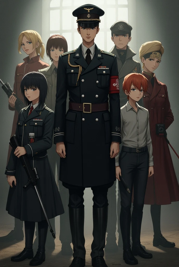 Anime characters in uniform line up in the city, redline anime movie style, Guviz-style artwork, Official concept art, dystopian 1920s soviet mood, anime film still, screenshot from the anime film, author：New Art, anime maid  ss military, Official illustration, still from tv anime, offcial art