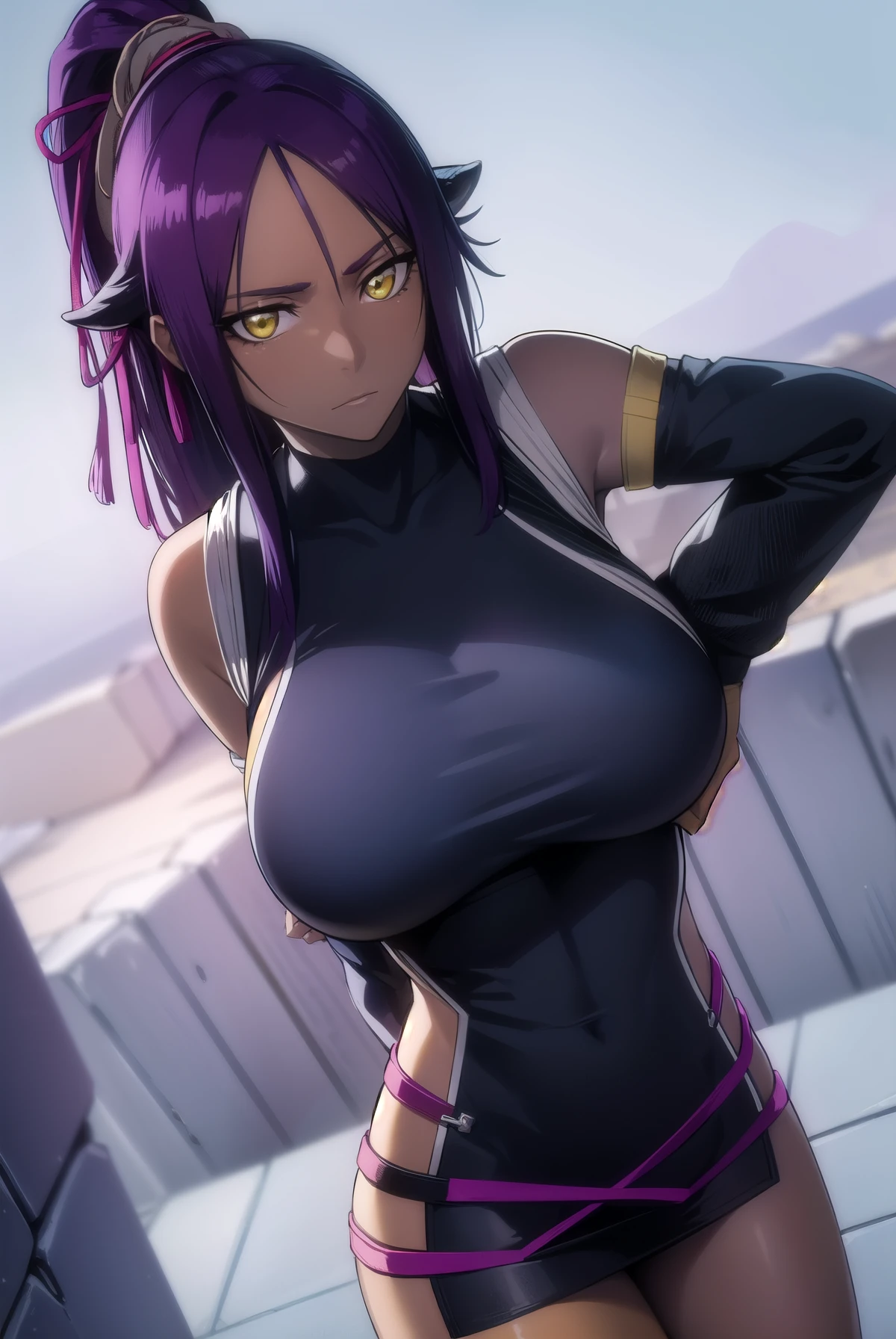 <lora:Oboro2n1Koukawa3216XL:0.8>, Koukawa, 1girl, mature female, curvy, purple hair, long hair, purple eyes, black bodysuit, gold trim, fishnets, armored boots, elbow fingerless gloves, bare shoulders, city, alley, night, standing, dynamic angle, outdoors, bar entrance, <lora:takedaXLP6lokrV2233:0.8>, BREAK score_9, score_8_up, score_7_up, score_6_up, score_5_up, score_4_up