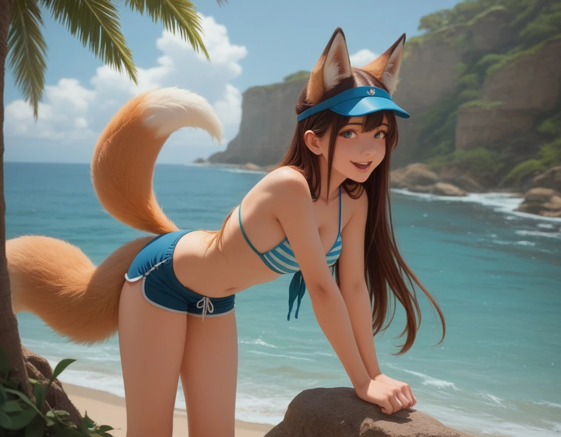 animal_ears, tail, 1girl, swimsuit, bikini, palm_tree, fox_tail, shorts, fox_ears, scarf, striped_bikini, tree, open_mouth, smile, front-tie_top, striped, front-tie_bikini, animal_ear_fluff, solo, brown_hair, ocean, day, visor_cap, cloud, sky, short_shorts, blue_sky, fox_tail, breasts, fox_girl, water, leaning_forward, navel, fox_ears, halo, Focus on creating a peaceful, introspective mood rather than one of aggression or dominance. This can represent strength and resolve, making it universally relatable.