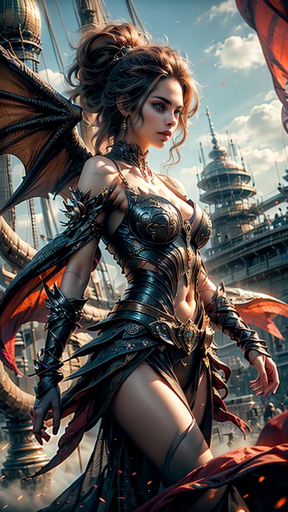 A powerful and elegant woman perfectly integrated with the essence of the dragon, Imaginative and visually striking digital artwork, (This woman exudes confidence and grace with dragon-inspired elements such as scales, wings, or subtle fiery details), A mythical and mesmerizing atmosphere, A harmonious fusion of human and dragon characteristics, 
Vibrant colors, dynamic poses, exquisite details, 32k UHD resolution, DSLR, professional photography, high quality, best quality, realistic photo, cinematic angle, cinematic lighting, vibrant color, vivid color, sharp focus