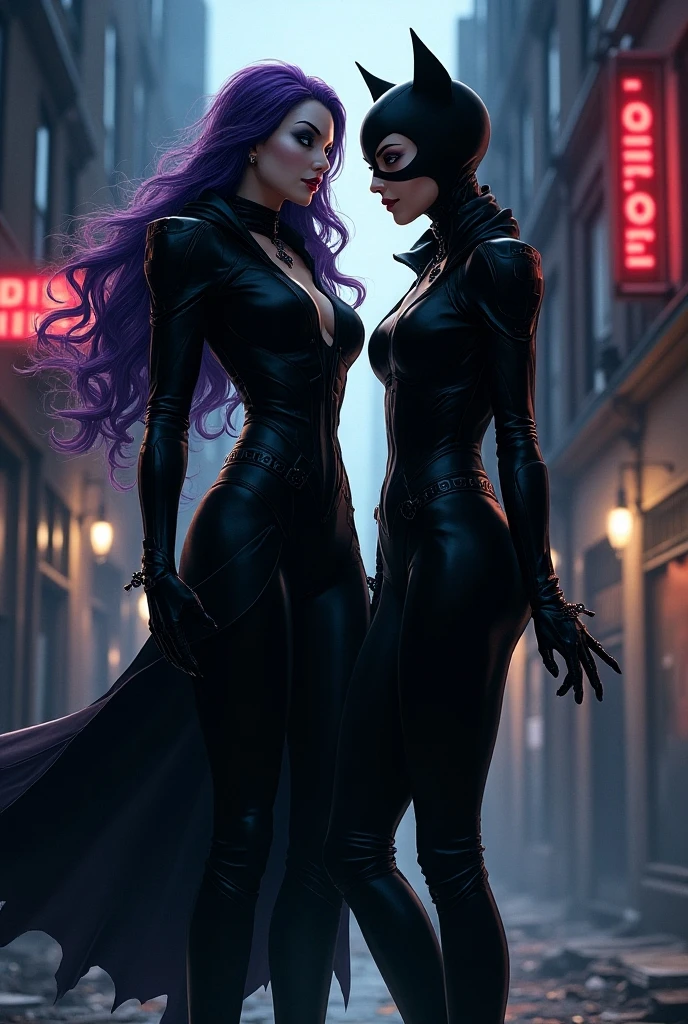 (complex two subjects) best quality,4k,8k,highres,masterpiece:1.2),ultra-detailed,(realistic,photorealistic,photo-realistic:1.37),(Sofía Vergara as the sexy Joker. With her alluring charm, she embodies the mischievousness and playfulness of the character. Her eyes captivate with their mesmerizing gaze, drawing you into her world. Her detailed lips, slightly parted in a seductive smile, add to her allure. (Sofia has Iconic Joker makeup, iconic Joker hair dye, and insane sexy hair))(subject 2), Kelly Hu takes on the role of Harley Quinn, exuding a distinct sense of craziness and mischief. She flirts with danger and steals the spotlight with her flirtatious expressions and exaggerated gestures. (Not identical makeup to Sofia),Her vibrant makeup and colorful hair reflect the colorful chaos that surrounds her. The scene is set in the immersive world of Gotham City, with its dark and brooding atmosphere. The city skyline, illuminated by the neon lights of the Joker's antics, creates a haunting backdrop. Both characters are armed with Joker weapons, showcasing their dangerous and unpredictable nature. Sofía Vergara wields an intricately designed weapon, showcasing her power and control. Kelly Hu's weapon complements her wild and unpredictable personality, adding an extra touch of chaos to the scene. The color palette leans towards vibrant and bold hues, reflecting the flamboyant and larger-than-life personalities of the characters. The lighting is dramatic, casting shadows and highlighting the characters' features, adding depth and intensity to the scene. The resulting image is a high-quality masterpiece that captures the essence of these two iconic characters, bringing them to life in a visually stunning and immersive way. (show both women, full body shot, head to toe)