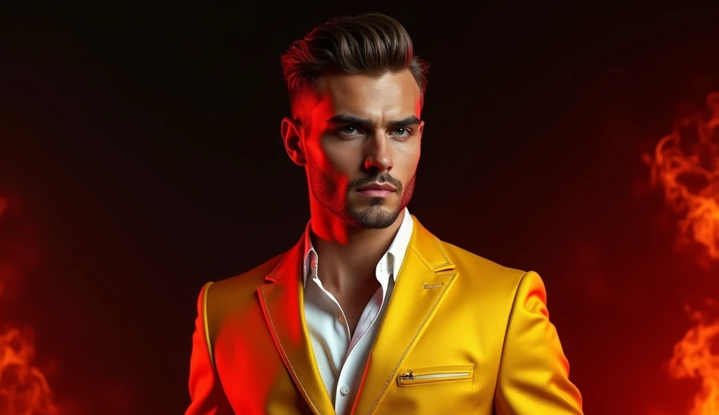 Generate an image of a male entrepreneur with a serious expression, standing upright and facing directly forward in a chest-up portrait style, resembling a passport photo. He is wearing yellow clothing and has antlers growing from his head. Ensure the background is simple to highlight his presence.