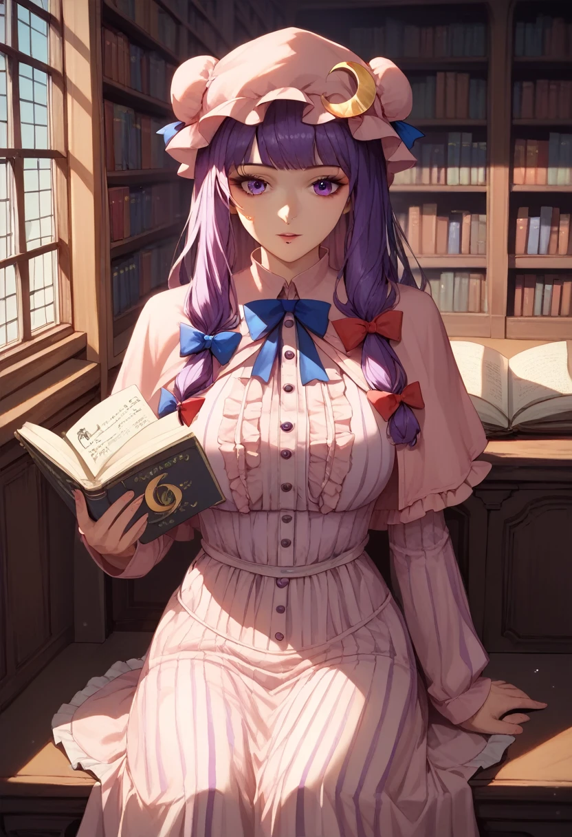 (master piece), (best quality), (8k), (ultra high resolution), (highest quality), (anime style), (best writing), (beautiful face), (masterpiece), (highest quality), (detailed beautiful face and eyes), (textile shading), (cowboy shot), (library), (medieval interior), 1girl, solo, patchouli knowledge, 1girl, solo, purple hair, purple eyes, long hair, mob cap, crescent hat ornament, mob cap, vertical-striped_dress, ribbons, frills, long_sleeves, red_ribbon, blue_bow, double_bun, red_bow, hat_ribbon, capelet, blue_ribbon, pink_headwear, hair_bow, long_dress, crescent_pin, bun_cover, purple_dress, pink_dress, beautiful breasts, sitting, sofa, Reading a book, A pile of books,,