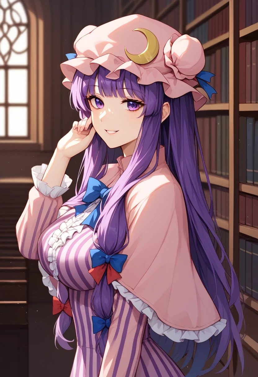 (master piece), (best quality), (8k), (ultra high resolution), (highest quality), (anime style), (best writing), (beautiful face), (masterpiece), (highest quality), (detailed beautiful face and eyes), (textile shading), (upper body), (library),  (medieval interior), 1girl, solo, patchouli knowledge, 1girl, solo, purple hair, purple eyes, long hair, mob cap, crescent hat ornament, mob cap, vertical-striped_dress, ribbons, frills, long_sleeves, red_ribbon, blue_bow, double_bun, red_bow, hat_ribbon, capelet, blue_ribbon, pink_headwear, hair_bow, long_dress, crescent_pin, bun_cover, purple_dress, pink_dress, beautiful breasts, smile, hand in own hair, from side,,