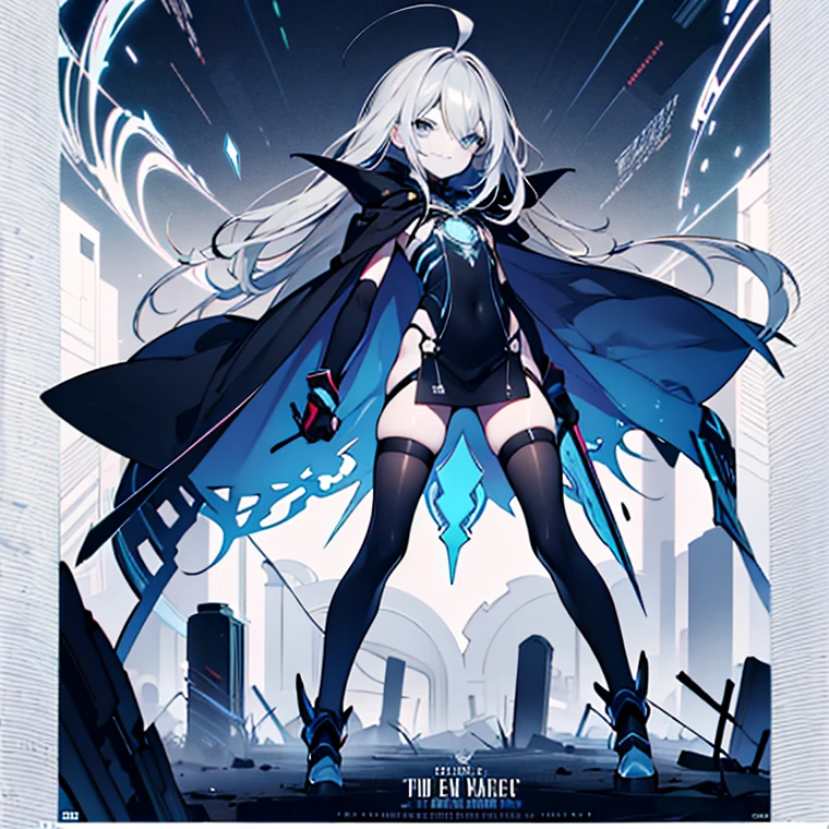 (full body),((Best Quality, masterpiece, Esoteric, Super Resolution)), One Girl, Alone, Girl，Pale skin, Ahoge, Gray Hair, Abnormally long hair, blue eyes,  Hair between the eyes ,   flat chest, spooky, dark, cemetery, Blue Mist,  black dress to hang your body, armor,  Fantasy ,  Browse Viewers , armor chetsplate, spectrum, Blue Energy, Blue aura,  black energy, evil, evil役,  movie poster , evil smile, evil grin,  V Shaped Eyebrow , Crazy,  bodysuit before boarding, Thigh-high socks，Futuristic, Shine, , destruction, Black Cape, 
