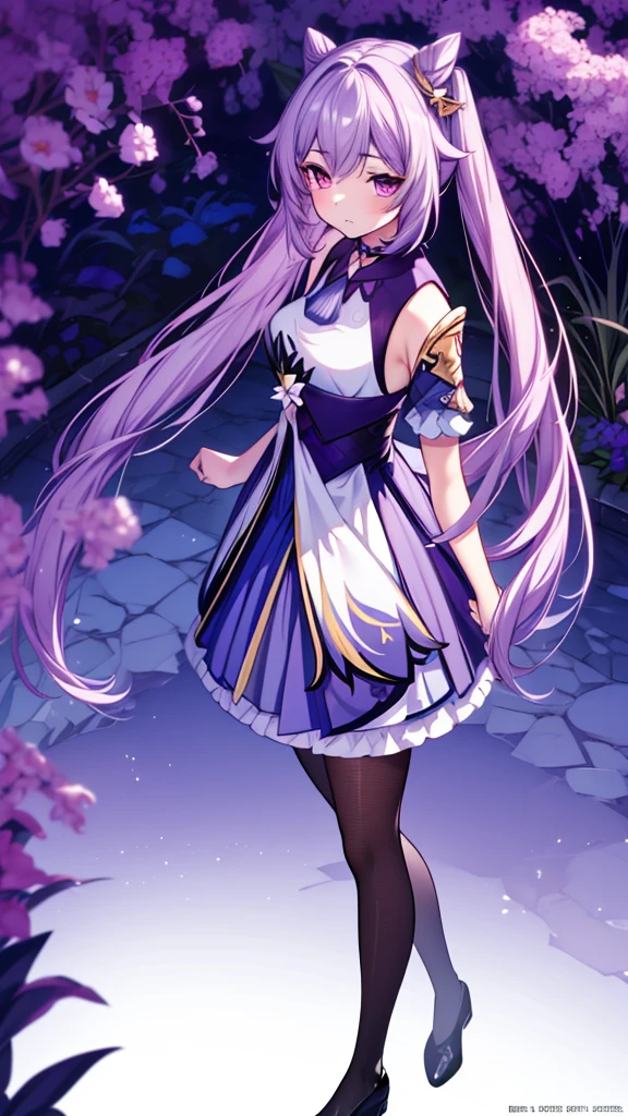 KeqingGenshin_NDV, 1girl, purple hair, medium breasts, long hair, twintail, purple eyes, pantyhose, cone hair bun, double bun, (Beautiful, medium_Breasts:1.2),
BREAK
, 1girl, solo, Standing in the garden, full body, full figure,
BREAK
, Garden,
BREAK
, choker, short skirt, detached sleeves, frills,
BREAK
, official art, extremely detailed CG unity 8k wallpaper, perfect lighting, Colorful, (best_quality:1.0), ultra high res,4K, ultra-detailed, 8K, HDR, high resolution,  absurdres:1.2, film grain, blurry background, (vibrant_color:1.2), (beautiful_face:1.5), (narrow waist),