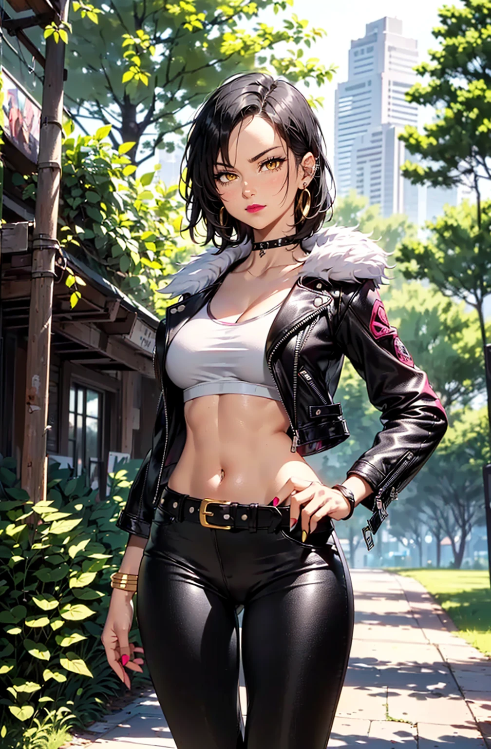 ((1girl, solo ,alone, (Merlin7DS, short hair,balck hair, yellow eyes), gold bracelets, ruby earrings)), ((solo, 1woman, pink lipstick, Extremely detailed, ambient soft lighting, 4k, perfect eyes, a perfect face, perfect lighting, a 1girl)), austere, , ((fitness,, shapely body, athletic body, toned body)), (( biker woman, rocker woman, punk woman, black jacket, leather jacket, gray t-shirt, black pants, leather pants, belt, , park, , trees, , sunny day, smug))