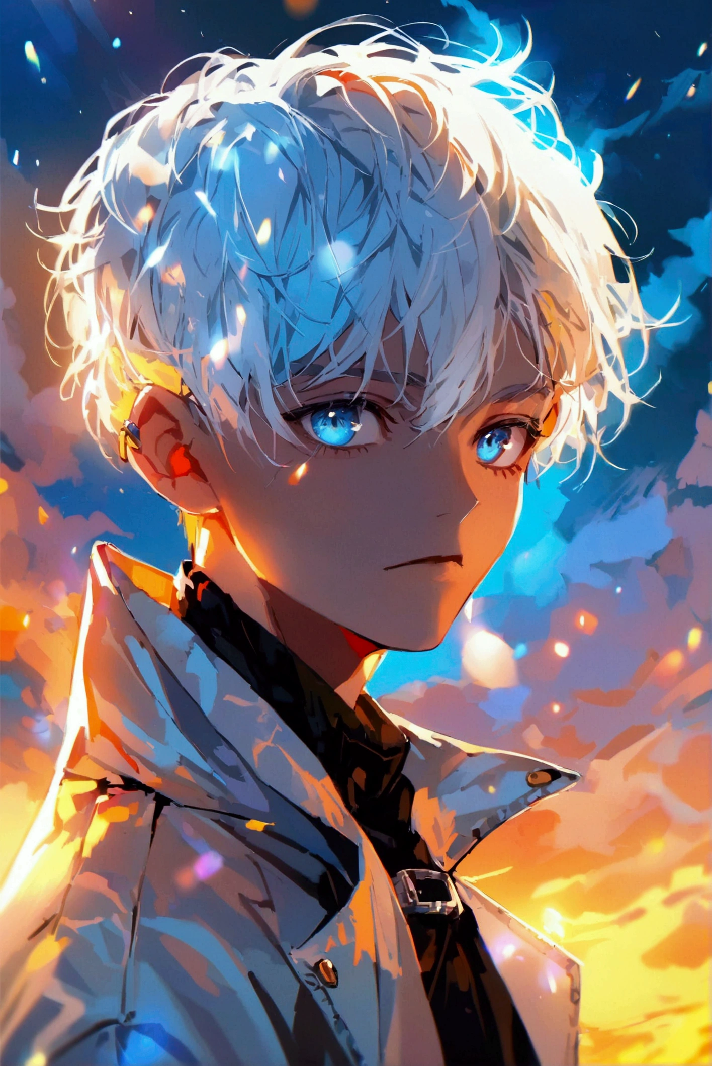 (absurdres, highres, ultra detailed, HDR), masterpiece, best quality, a boy, 10 yo, solo, handsome, short hair,spiky hair, white hair, blue eye, finely eye and detailed face, real shadow, topless, full body, white towel around his waist,mood alone,firework