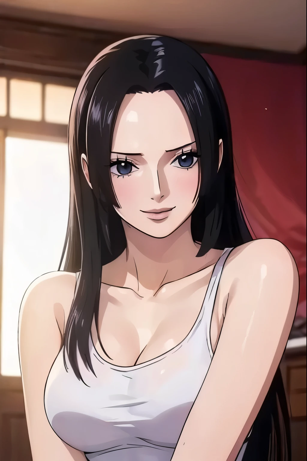 (((masterpiece))), (((best quality))), ((ultra-detailed)), (highly detailed CG illustration), Boa Hancock, (nsfw:1.4), (masterpiece:1.5), Detailed Photo, Smiling, Sexy, (Best Quality: 1.4), (1girl), Beautiful Face, (Black Hair, long Hair: 1.3), Beautiful Hairstyle,  beautiful detail eyes, (realistic skin), beautiful skin, absurd, attractive, ultra high resolution, high definition, (sexually aroused:1.5), Pinkish white skin, cool white light, sexy pose, Beautiful , white background, pink soft white light, Wear a white tank top,