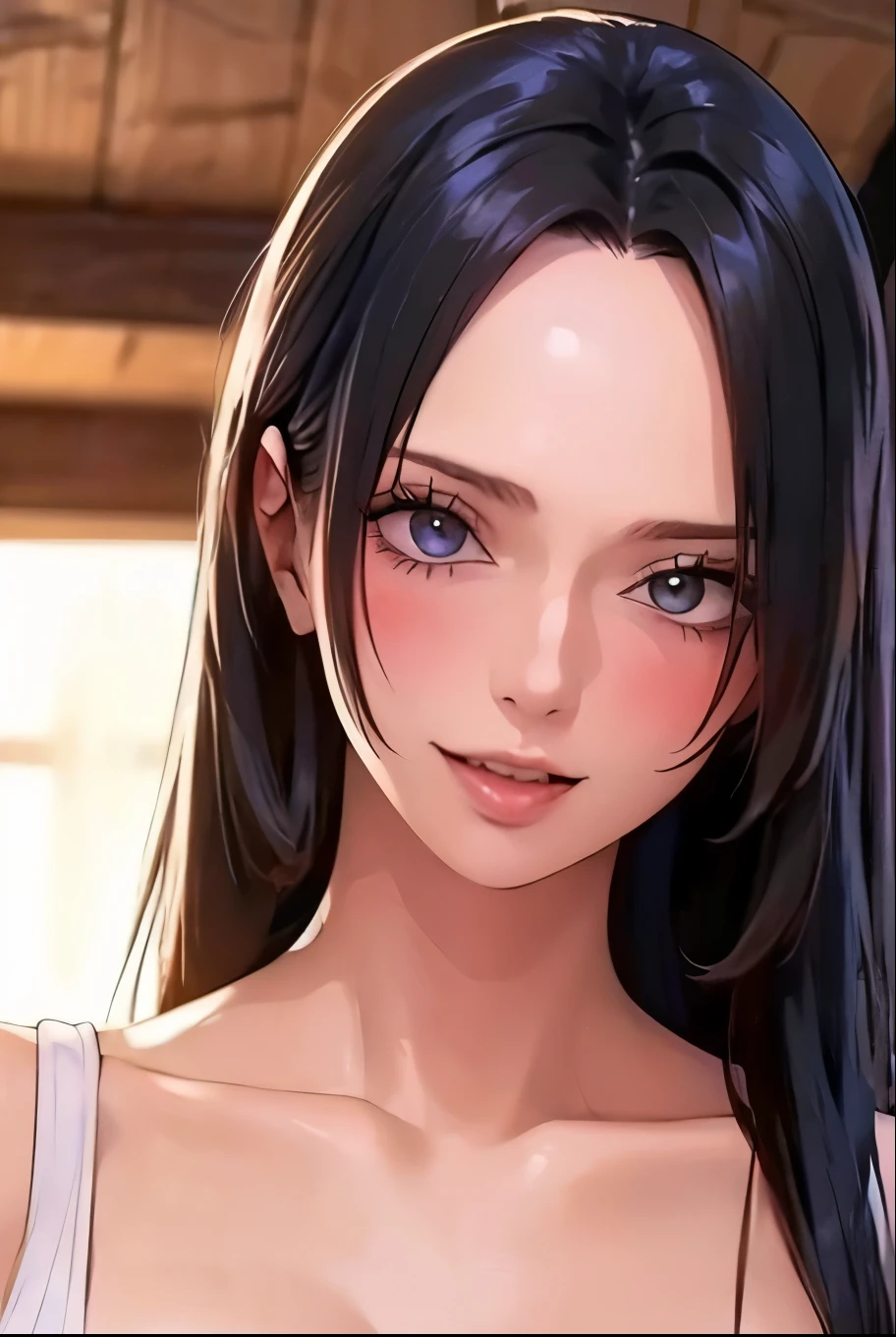 (((masterpiece))), (((best quality))), ((ultra-detailed)), (highly detailed CG illustration), Boa Hancock, (nsfw:1.4), (masterpiece:1.5), Detailed Photo, Smiling, Sexy, (Best Quality: 1.4), (1girl), Beautiful Face, (Black Hair, long Hair: 1.3), Beautiful Hairstyle, beautiful detail eyes, (realistic skin), beautiful skin, absurd, attractive, ultra high resolution, high definition, (sexually aroused:1.5), Pinkish white skin, cool white light, sexy pose, Beautiful , white background, pink soft white light, Wear a white tank top,