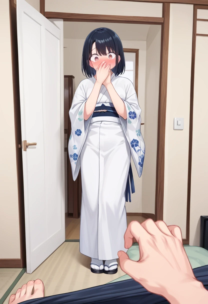 score_9, score_8_up, score_7_up, score_6_up, source_anime,
jptradhut, indoors,
nsfw,
busted, male pov, male , standing, 
hand on door, opening door,
1girl,
kimono,
looking at, looking down, surprised, blushing,
hand over mouth, covering mouth,
embedding:zPDXLxxx ,
embedding:zPDXL2 ,