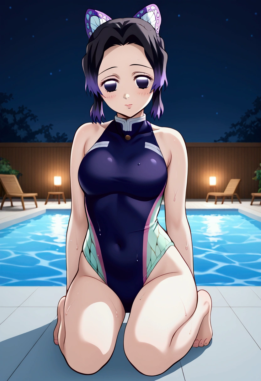 KShinobuXLV4, animal print, black hair, butterfly, butterfly hair ornament, butterfly print, forehead, gradient hair, hair ornament, multicolored hair, parted bangs, purple hair, short hair, two-tone hair, nude, one-piece swimsuit, undersized swimsuit, sexy pose, blush, shy, Pose seductively, Posing provocatively, Wet body, Sexy lips, pool, night, full body, looking at viewer, Body tingling
