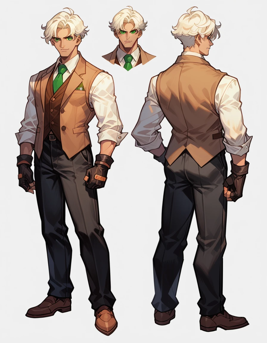 human Male , whiter  hair Style   , Green pupils  , Brown vest , Best Character Design ,Brow Tie , background,character sheet , concept art , Black Pants  ,Gloves ,pose , 