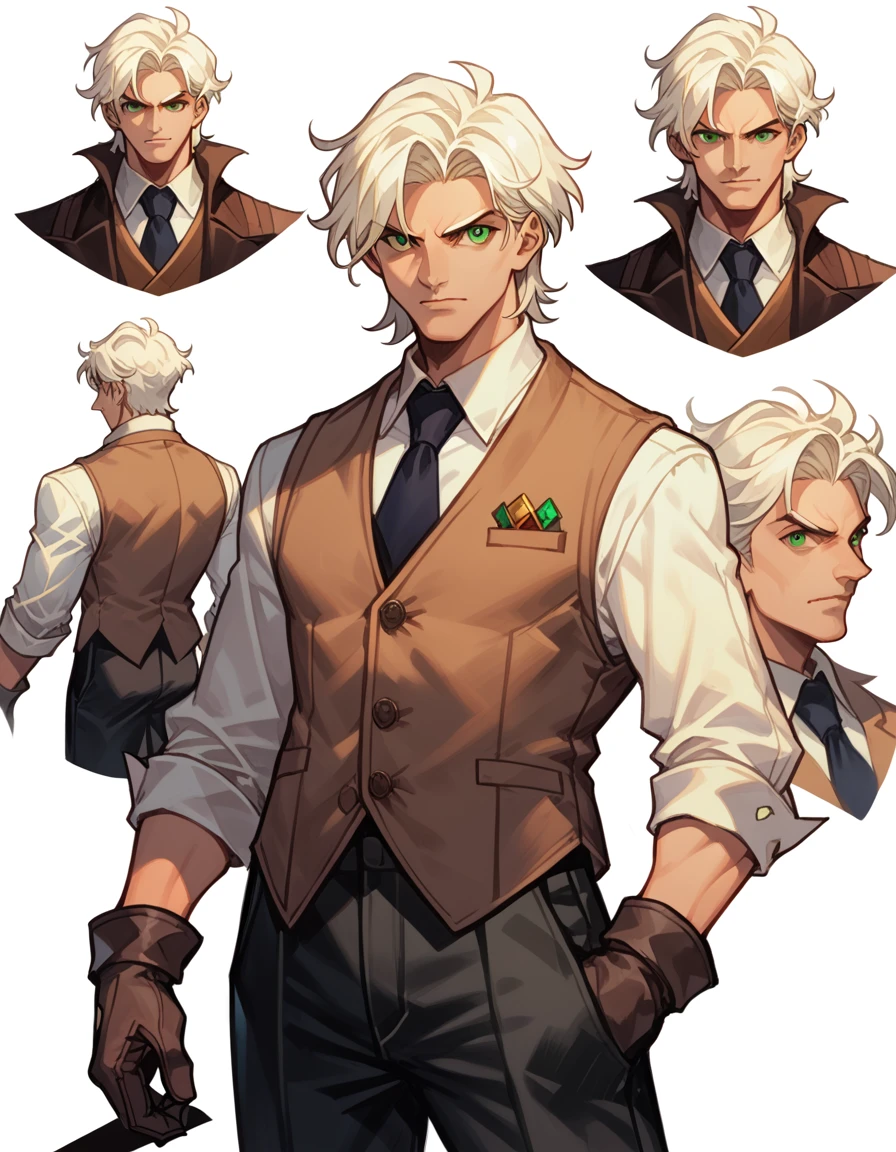 human Male , whiter  hair Style   , Green pupils  , Brown vest , Best Character Design ,Brow Tie , background,character sheet , concept art , Black Pants  ,Gloves ,pose , 