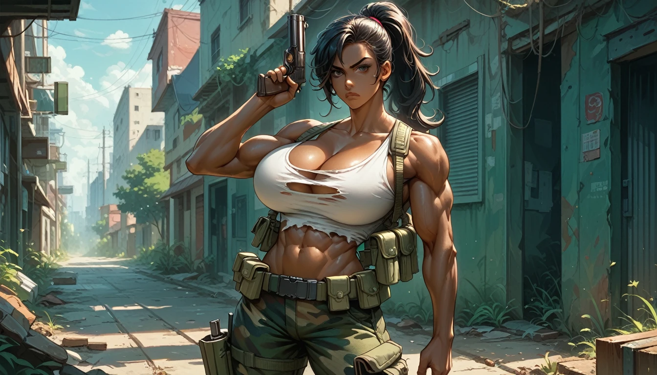 score_9, score_8_up, score_7_up, score_6_up, masterpiece, high quality, perfect face, beautiful face, solo, 1girl, ripped white tank top, camo khaki pants, dark hair, ponytail, dark skin, cleavage, serious, huge breasts, perfect round breasts, muscular, abs, perfect female body, looking at viewer, standing, holding 2 pistols, gun holster, utility belt, warzone, morning, zoom in, intricate detail, delicate pattern,