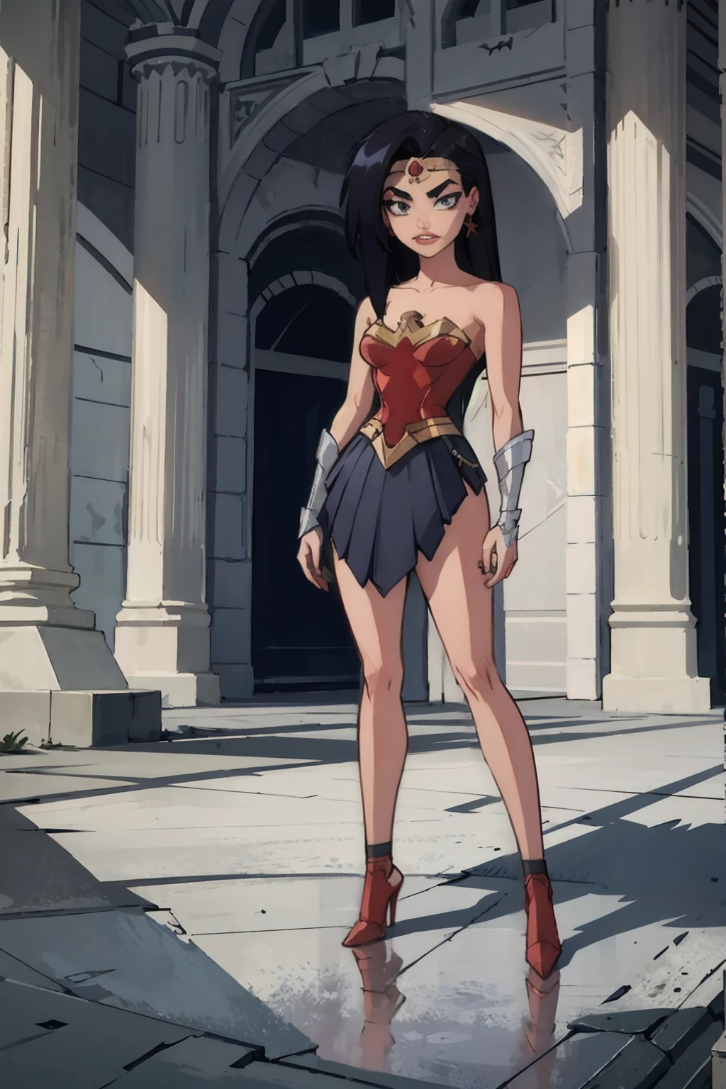 ((full body photo, standing,  on the floor)) masterpiece,best quality,extreme detail,8k,wonderaction, 1girl, solo, long hair, breasts, skirt, black hair, bare shoulders, jewelry, medium breasts, earrings, teeth, armor, black eyes, blue skirt, strapless, parody, red lips, forehead jewel, pillar