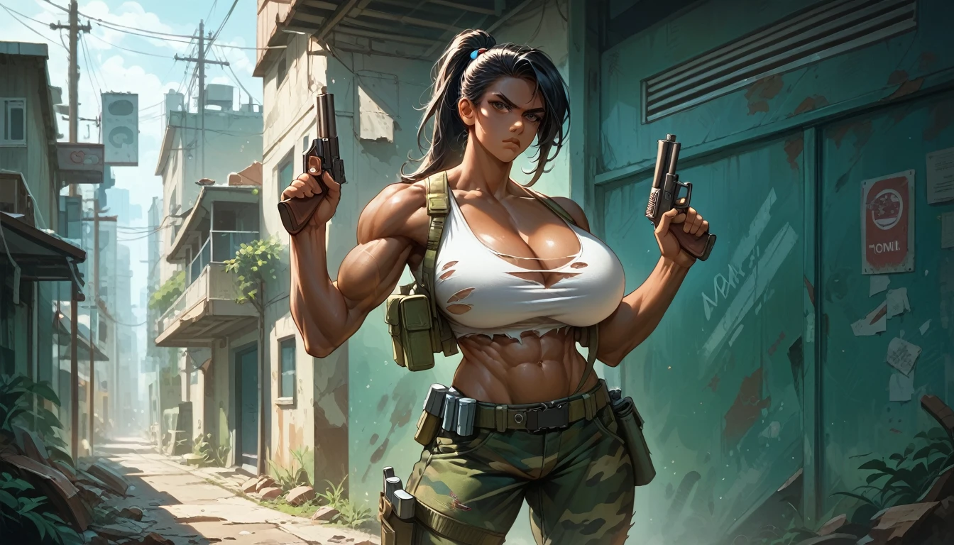 score_9, score_8_up, score_7_up, score_6_up, masterpiece, high quality, perfect face, beautiful face, solo, 1girl, ripped white tank top, camo khaki pants, dark hair, ponytail, dark skin, cleavage, serious, huge breasts, perfect round breasts, muscular, abs, perfect female body, looking at viewer, standing, holding two pistols, gun holster, utility belt, warzone, morning, zoom in, intricate detail, delicate pattern,