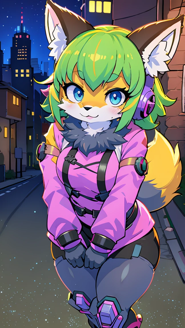 kawaii,  fluffy pink striped fox , green hair, blue eyes,  heterochromia, Alone, body hair, (at night,  deserted city with ruins  ),  synthetic fabric skin ,  cybernetic prosthesis ,  cybernetic prosthetic servo legs ,  digital headset with HUD , Mechanical Suit,  mech body parts ,  prosthetic arms Cybernetics , Blush, is shy, Slimmed down,  large purple long blouse with ribbons  ,  thick brown pantyhose  ,  neon tennis leggings with black  ,  loose long sleeve pink jacket , Mechanical boots, just a fluffy tail, loose sleeves,  digital screen gloves ,  chest vests , tactical belts , blue archival halo glove ,