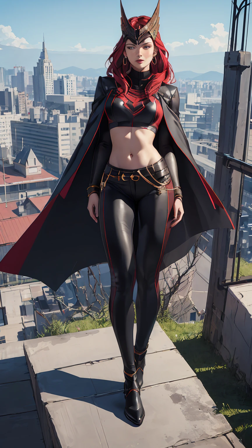 ((full body photo, standing, feet on the floor))(Highly quality, masterpiece, detailed), Destroyed city detailed scenario, Destroyed city detailed background, 20 years old girl, solo, scarletWitch, blue eyes, red hair, Leather top, belt, jewelry, helmet, earrings, cape, evil smile, covered top, crop top, navel, leather pants, sitting on top of a building, perfect face, beautiful eyes, perfect eyes, looking at the viewer, Sexy pose