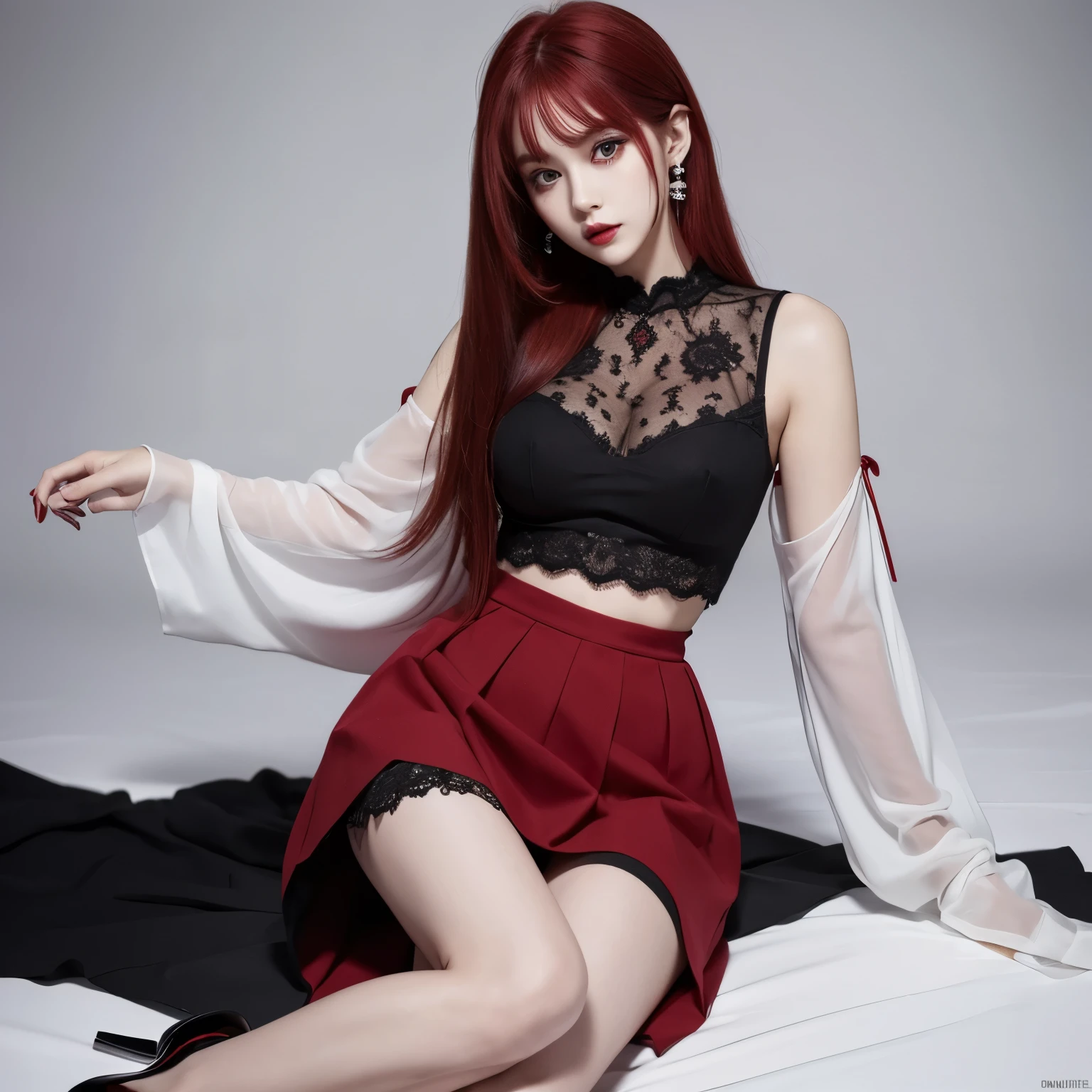 ((masterpiece: 1.4, best quality))+,(Ultra Detailed)+, official art, Unity 8K wallpaper, Ultra Detaileded, fair, high quality, fair, masterpiece, best quality, (flat chest), whole body, Draw while standing, White background, Red straight hair, Gloomy eyes, Black snake, White Theme, Red jewelry, Studs, Black lace flats, Asymmetric skirt, Blood stains on the skirt, devil, skeleton, Lots of lace