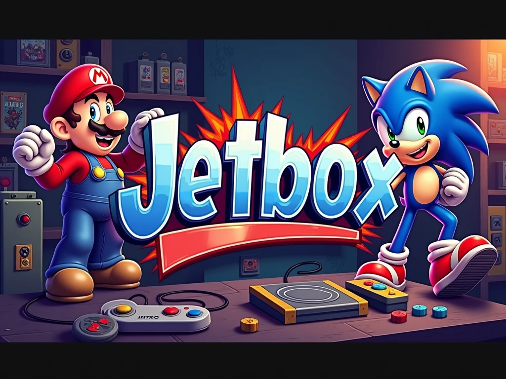 Create a vibrant and dynamic image representing the Jetbox brand, centered around emulators and retro gaming. The composition should feature classic gaming icons Mario and Sonic in an action-packed scene, surrounded by nostalgic elements such as retro consoles, cartridges, and vintage game controllers like arcade buttons and old-school gamepads. The Jetbox logo should be displayed in bold, metallic 3D graffiti letters, highlighted by pixel art explosions and neon lighting. The background should evoke the atmosphere of a vintage game room with urban textures and a colorful, energetic palette, capturing the excitement and nostalgia of old-school gaming.